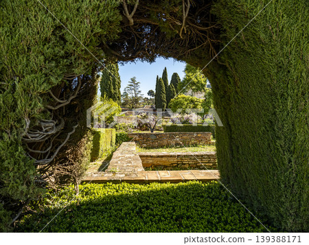 Sunlit Garden Archway Framed by Cypress Hedges Over Stone Path in Mediterranean Generalife Alhambra Gardens, Granada 139388171