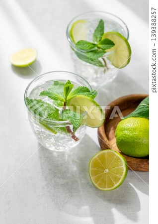 A fresh mojito with lime, mint and ice in glasses. Citrus lemonade or cocktail A fresh mojito with lime, mint and ice in glasses. Citrus lemonade or cocktail 139388257