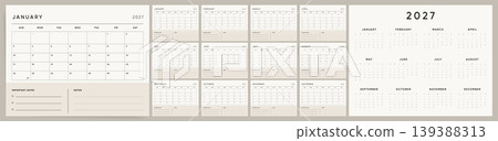 2027 Calendar Set. Horizontal Monthly Planner with Notes and Important Dates Section. Beige Desk and Wall Calendar Template, Yearly 12 Month Overview. Modern Minimalist Vector Design, Sunday Start 2027 Calendar Set. Horizontal Monthly Planner with Notes and Important Dates Section. Beige Desk and Wall Calendar Template, Yearly 12 Month Overview. Modern Minimalist Vector Design, Sunday Start 139388313