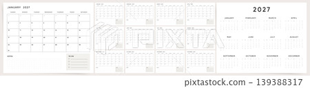 2027 Calendar Bundle, Horizontal Monthly Planner with Notes and To Do List. Black and White Desk Calendar Template, Yearly 12 Month Overview. Clean Modern Minimalist Vector Design, Sunday Start. 2027 Calendar Bundle, Horizontal Monthly Planner with Notes and To Do List. Black and White Desk Calendar Template, Yearly 12 Month Overview. Clean Modern Minimalist Vector Design, Sunday Start. 139388317