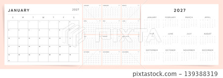 Calendar 2027 week start Sunday pastel pink horizontal design template. Calendar 2027 week start Sunday pastel pink horizontal design template. 139388319
