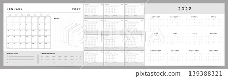 Calendar 2027 week start Sunday horizontal gray minimalist design with notes and goals template. Calendar 2027 week start Sunday horizontal gray minimalist design with notes and goals template. 139388321