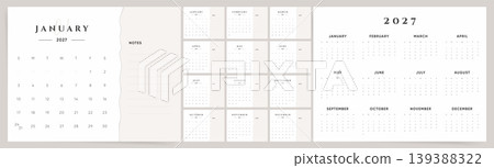 Calendar 2027 week start Sunday beige elegant horizontal design with wavy divider and notes template. Calendar 2027 week start Sunday beige elegant horizontal design with wavy divider and notes template. 139388322