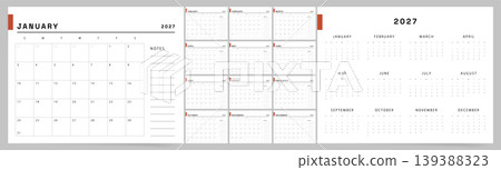Calendar 2027 week start Sunday horizontal planner with orange accent and notes section template. Calendar 2027 week start Sunday horizontal planner with orange accent and notes section template. 139388323
