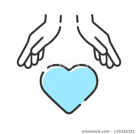 A simple and stylish line art icon of a hand resting on a light blue heart - perfect for White Day, unrequited love, or healthcare-related projects. A simple and stylish line art icon of a hand resting on a light blue heart - perfect for White Day, unrequited love, or healthcare-related projects. 139388383