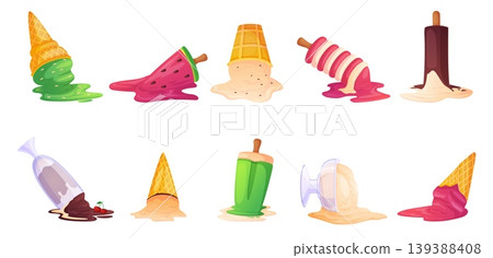 Falling ice cream. Soft sweet ice cream balls and popsicles fall down and melting on floor. Tasty chocolate ans vanilla, fruits desserts, nowaday vector clipart Falling ice cream. Soft sweet ice cream balls and popsicles fall down and melting on floor. Tasty chocolate ans vanilla, fruits desserts, nowaday vector clipart 139388408