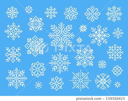 Pixel snowflakes. Pixel art white snowflake arcade retro style. Game assets 8 16 bit design. Winter snow, holiday decorations, ui ux tidy vector clipart Pixel snowflakes. Pixel art white snowflake arcade retro style. Game assets 8 16 bit design. Winter snow, holiday decorations, ui ux tidy vector clipart 139388423