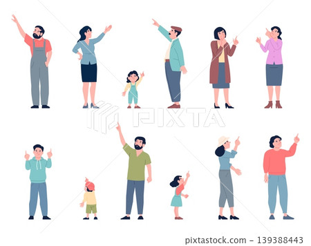 People point upwards. Men women children point up. Adults kids looking with interest and curiosity, studying something up above, recent vector characters People point upwards. Men women children point up. Adults kids looking with interest and curiosity, studying something up above, recent vector characters 139388443
