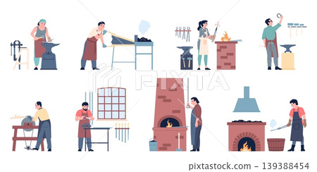 Blacksmith workers. People working in forge, craftsman work with metal and steel. Men using hammer, bellows, tongs, fire. Flat recent vector characters Blacksmith workers. People working in forge, craftsman work with metal and steel. Men using hammer, bellows, tongs, fire. Flat recent vector characters 139388454