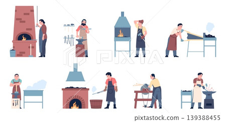 Blacksmith characters. Workers working with metal, forge men with equipment, bellows, hammer. Flat craftsman, handyworker, recent vector set Blacksmith characters. Workers working with metal, forge men with equipment, bellows, hammer. Flat craftsman, handyworker, recent vector set 139388455