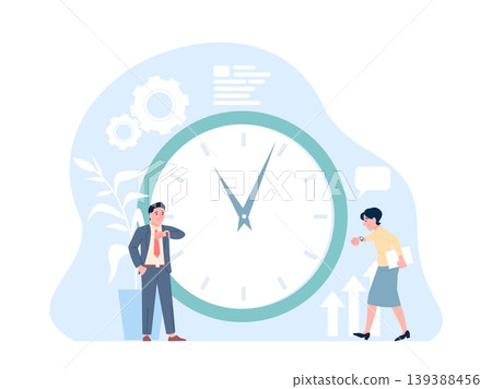 Work and time. Business man waiting colleague or office manager. Man looking on hand watch, woman hurry. Time management, late to meet, recent vector concept Work and time. Business man waiting colleague or office manager. Man looking on hand watch, woman hurry. Time management, late to meet, recent vector concept 139388456