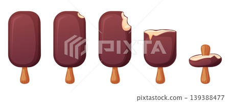Biting ice cream step by step. Eating sweet dessert glazed chocolate. Tasty creamy popsicle with milk or dark choco. Bite cartoon food, nowaday vector concept Biting ice cream step by step. Eating sweet dessert glazed chocolate. Tasty creamy popsicle with milk or dark choco. Bite cartoon food, nowaday vector concept 139388477