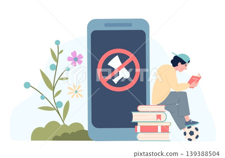 Gadgets offline. Teenage boy turn off smartphone ring and reading book, walking, play soccer. Digital detox, healthy lifestyle without internet addiction, recent vector scene Gadgets offline. Teenage boy turn off smartphone ring and reading book, walking, play soccer. Digital detox, healthy lifestyle without internet addiction, recent vector scene 139388504