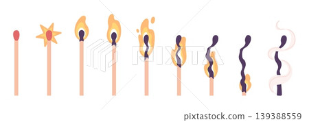 Burning match. Wooden matchstick animation, burn process from spark to extinguish coal head. Fire flame moving, combustion racy vector scene 139388559