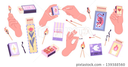 Wooden matches. Hand with burning match, wood sticks and fire. Stylish trendy matchboxes with different design. Household accessories, racy vector set 139388560