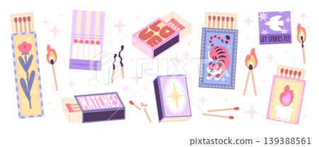Cartoon matchboxes. Burning matches, vintage matchbox design. Flame and fire, sparkles, wooden sticks. Stylish elements for travel, tourism, racy vector set Cartoon matchboxes. Burning matches, vintage matchbox design. Flame and fire, sparkles, wooden sticks. Stylish elements for travel, tourism, racy vector set 139388561
