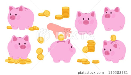 Cute piggy bank set. Pink pig banks and golden coins. Saving money, financial literacy for children and adults and accumulation. Investments, racy vector set 139388581