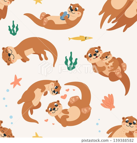 Otters seamless pattern. Funny water river animals, cartoon swimming otter, seashell and seaweed. Decorative print for wallpaper, fabric design, classy vector background Otters seamless pattern. Funny water river animals, cartoon swimming otter, seashell and seaweed. Decorative print for wallpaper, fabric design, classy vector background 139388582