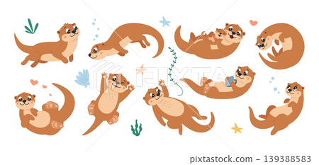 Otters characters. Funny cartoon otter in different swimming poses. Water animals with child, in love. Cute childish mascots, wild river animal, classy vector clipart Otters characters. Funny cartoon otter in different swimming poses. Water animals with child, in love. Cute childish mascots, wild river animal, classy vector clipart 139388583