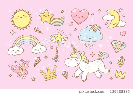 Kawaii rainbow elements. Cute unicorn, star, cloud with rainbows, magic wand and crystals. Diamond, crown and butterfly, colorful girly tidy vector set Kawaii rainbow elements. Cute unicorn, star, cloud with rainbows, magic wand and crystals. Diamond, crown and butterfly, colorful girly tidy vector set 139388585