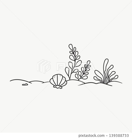 A minimal line art illustration depicting an underwater seabed scene with plants and a seashell. Perfect for simple marine-themed designs and children's activity books. A minimal line art illustration depicting an underwater seabed scene with plants and a seashell. Perfect for simple marine-themed designs and children's activity books. 139388733