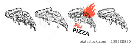 Hot Pizza set, hand drawn illustrations Hot Pizza set, hand drawn illustrations 139388850