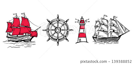 Old vintage sailboat, lighthouse, Wind rose, hand drawn	 139388852