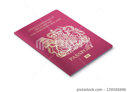 British Passport on white background. United kingdom of Great Britain and Northern Ireland. Angle view. 3d rendering. British Passport on white background. United kingdom of Great Britain and Northern Ireland. Angle view. 3d rendering. 139388896