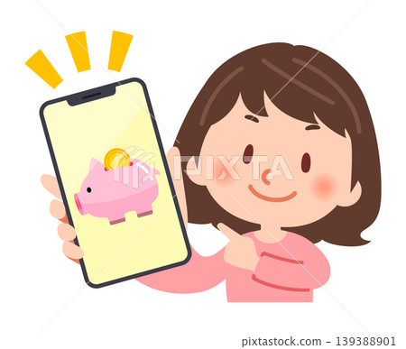 一名女子用智慧型手機展示了一張存錢筒的照片。 139388901