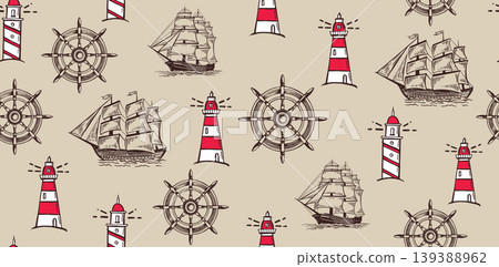Old vintage sailboat, lighthouse, Wind rose, pattern hand drawn Old vintage sailboat, lighthouse, Wind rose, pattern hand drawn 139388962