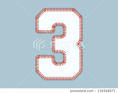 Stylized sports number 3 typography inspired by baseball, featuring bold numerals outlined with stitched laces. 139388975