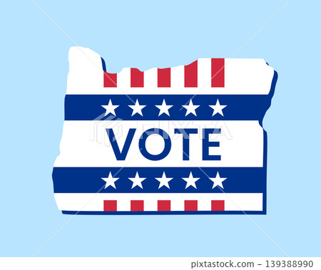Oregon state map filled with U.S. flag stars and stripes, bold Vote text overlay. Patriotic election concept symbolizing democracy, civic duty, and American pride. 139388990