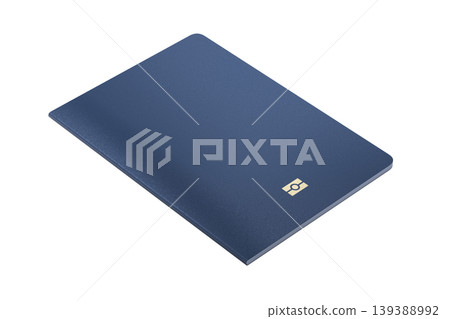 Blank blue passport with biometric chip symbol on isolated white background. Generic passport template mockup with no text minimal design. Realistic 3D rendering Blank blue passport with biometric chip symbol on isolated white background. Generic passport template mockup with no text minimal design. Realistic 3D rendering 139388992