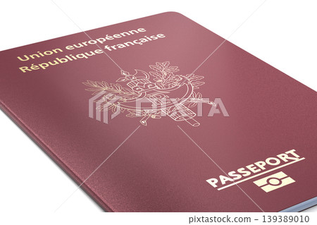 France Passport on white background. French Passport. Close-up Angle view. 3d rendering. 139389010