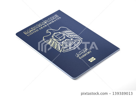 United Arabian Emirates Passport on white background. UAE Passport. Angle view. 3d rendering. 139389013