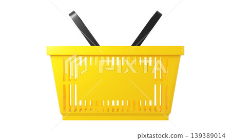 Plastic shopping basket, yellow empty store basket, supermarket shopping cart concept, 3D rendering, isolated on white background, retail, grocery, consumer shopping, market container. 139389014