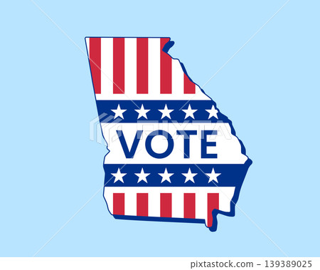 Georgia state map filled with U.S. flag stars and stripes, bold Vote text overlay. Patriotic election concept symbolizing democracy, civic duty, and American pride. Georgia state map filled with U.S. flag stars and stripes, bold Vote text overlay. Patriotic election concept symbolizing democracy, civic duty, and American pride. 139389025
