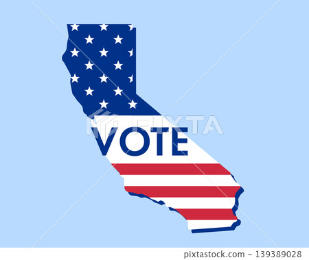 California state map filled with U.S. flag stars and stripes, bold Vote text overlay. Patriotic election concept symbolizing democracy, civic duty, and American pride. 139389028