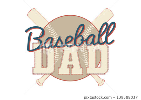 Dad word designed with stitched seams around the edges, resembling baseball stitching. Baseball dad concept. Sports-inspired typography, baseball theme, isolated on white background. Dad word designed with stitched seams around the edges, resembling baseball stitching. Baseball dad concept. Sports-inspired typography, baseball theme, isolated on white background. 139389037