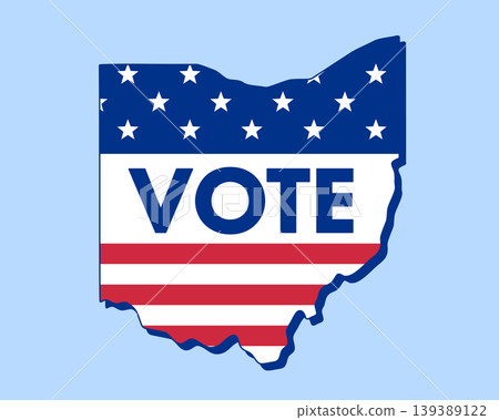 Ohio state map filled with U.S. flag stars and stripes, bold Vote text overlay. Patriotic election concept symbolizing democracy, civic duty, and American pride. Ohio state map filled with U.S. flag stars and stripes, bold Vote text overlay. Patriotic election concept symbolizing democracy, civic duty, and American pride. 139389122