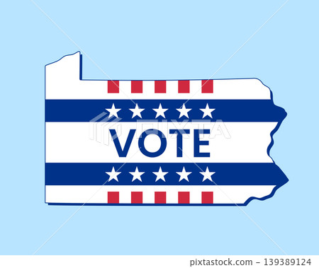 Pennsylvania state map filled with U.S. flag stars and stripes, bold Vote text overlay. Patriotic election concept symbolizing democracy, civic duty, and American pride. 139389124