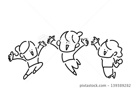 Three female characters jumping with smiles on their faces - hurray! Cute monochrome line drawing. Three female characters jumping with smiles on their faces - hurray! Cute monochrome line drawing. 139389282