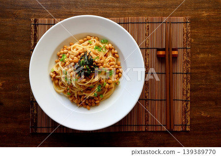 Natto pasta in a table background, viewed from directly above. 139389770
