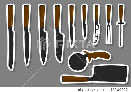 set different types knives different size for butcher 139389802