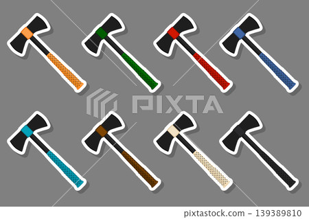 Illustration on theme big kit steel axes with wooden handle 139389810