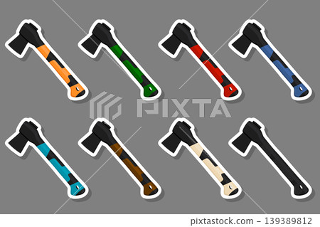 Illustration on theme big kit steel axes with wooden handle 139389812