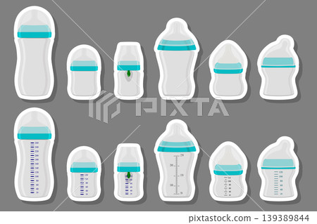 Illustration on theme big colored kit baby milk in bottle with rubber pacifier Illustration on theme big colored kit baby milk in bottle with rubber pacifier 139389844