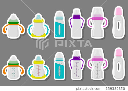 Illustration on theme big colored kit baby milk in bottle with rubber pacifier Illustration on theme big colored kit baby milk in bottle with rubber pacifier 139389850