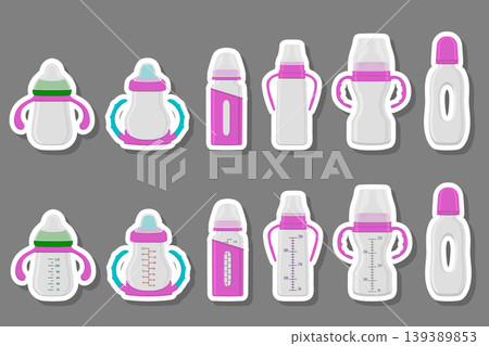 Illustration on theme big colored kit baby milk in bottle with rubber pacifier Illustration on theme big colored kit baby milk in bottle with rubber pacifier 139389853