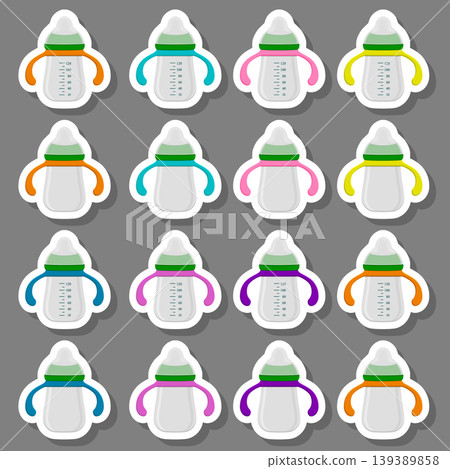 Illustration on theme big colored kit baby milk in bottle with rubber pacifier Illustration on theme big colored kit baby milk in bottle with rubber pacifier 139389858